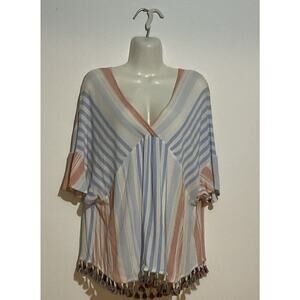 KORI Salmon & Blue Striped Tassel Top Beach Coverup V-neck Oversized M